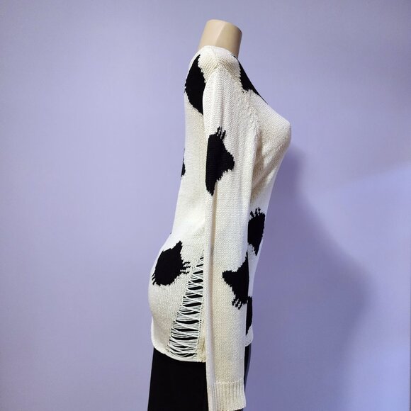 Hot Topic Ivory White And Black Cat Destructed Thrashed Distressed Knit Sweater - Picture 2 of 7